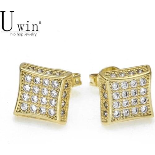 8.5mmx8.5mm Iced Zircon Mens Stud Earrings Copper Material Gold color Square CZ Earrings For Women Fashion Hip Hop Jewelry