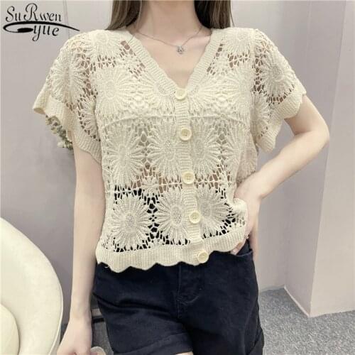 2021 New Korean Style Clothes V-neck Lace Hollow Cardigan Womens Blouse Short-sleeved Batwing Sleeve Womens Top Female 14459