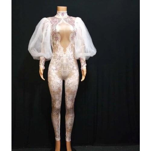 New Fashion Print Rhinestone Party Jumpsuit Women Mesh Sleeve Prom Bodysuit Stretch Dancer Leotard Club Singer Show Stage Wear