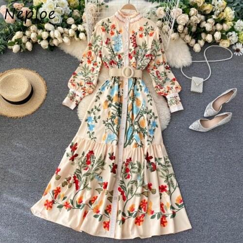 Neploe Autumn Chic Sashes Flower Print Dresses Women Exquisite Button Vintage Dress 2021 Stand Collar Slim Waist Vestidos