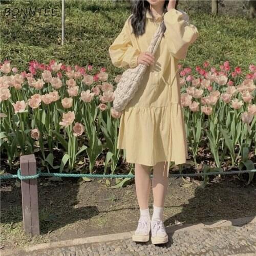 Long Sleeve Dresses Women Sweet Girls Preppy Style Loose Summer Knee-length Harajuke Ladies Elegant Clothes Folds Yellow Vestido