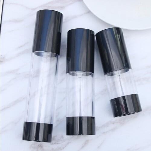 Portable Airless Bottle Black 1pc Clear Cap Cosmetic Treatment Pump Liquid Shampoo Makeup Container Refillable Bottles 15/30/50