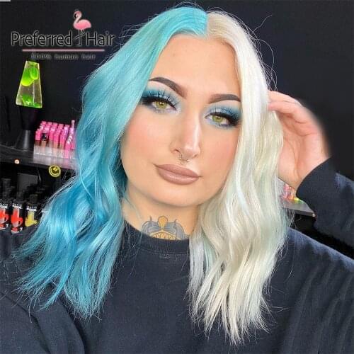 Preferred Half Blue Half Blonde Pre Plucked Lace Front Human Hair Wigs Remy Brazilian Half Orange Ombre Human Hair Wig for Women
