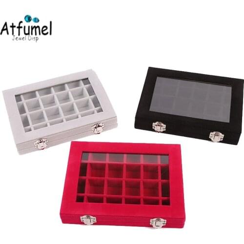 Glass Lid Ring Box Earrings Bracelet Jewelry Display Organizer Box Tray Velvet 24 Grids Jewelry Holder Storage Carrying Case