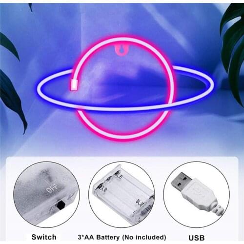 LED Neon Lamp Elliptical Planet Shaped Sign Neon Light Battery Powered Home Decorative Wall Light Party Room Lighting