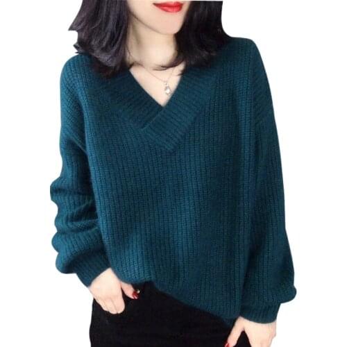 Autumn And Winter Sweater Womens Knitted Fashion Loose New Pullover Loose Large Size V-Neck Knitted Cashmere Bottoming Shirt