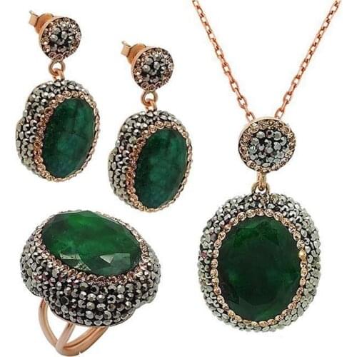 Green Emerald Natural Stone Silver Women Triple Set Adjustable Size Midyat Silver