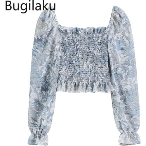 Bugilaku Sweet Chic Square Collar Shirts Women Slim Fit Printed Gentle Long Sleeve Blouse New Arrival High Street Chic Blouse