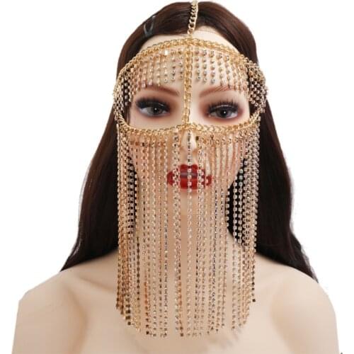 Women Handmade Faux Crystal Tassel Masquerade Mask Veil Face Chain Belly Dance Stage Cosplay Party Headband Boho Festival Hair