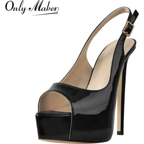 Onlymaker Women Platform Slip-On Sandals Pointed Peep Toe Stiletto High Heels Black Patent Leather Buckle Large Size