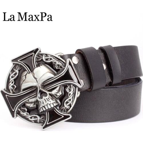 Man skull belt Punk style men belt buckle skull head silver skull Cross skeleton pattern mens genuine leather belt gift for man