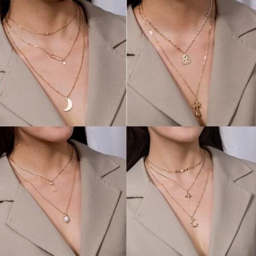 Gothic Multi Layerd Necklace Jewelry with Gold Color Moon and Cross Shaped Pendant Chain Necklace for Women Gift