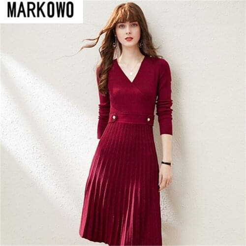 MARKOWO Desinger Brand 2020 Autumn and winter niche wool retro temperament slim V-neck knitted pleated dress