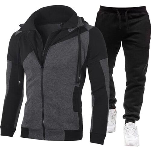 Men’s Sports Tracksuit Set Autumn Long Sleeve Hooded Coat + Solid Color Long Pants Casual Tracksuit Sportswear for Running