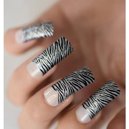 Half Cover Fake Fingernails Long Square Flat Zebra Stripes Press On False Nails Tips Natural Nail Lengthen Manicure Designer