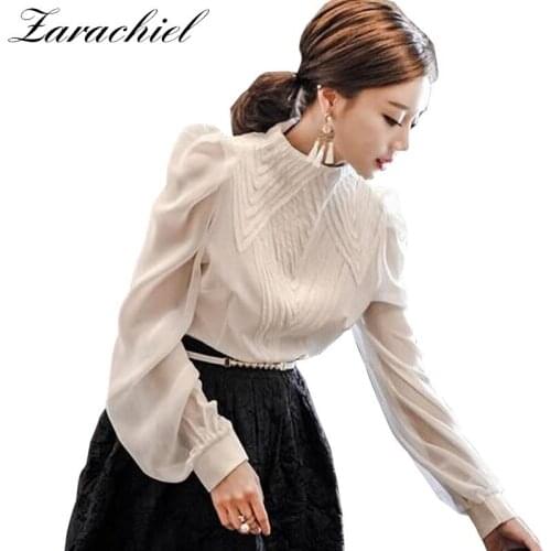 New Fashion 2021 Summer Ladies Elegant Puff Sleeve Chiffon Shirt Womens Long Sleeve Stand Color Multilayer Ruffles Blouse Top