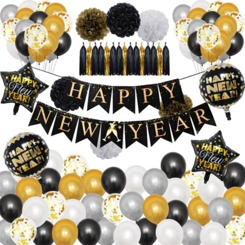 New Year Party Decoration Happy New Year Letter Pulling Flag Banner New Years Eve Balloon Decoration Set