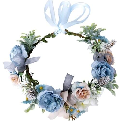 Boho Beach Holiday Wreath Headband Artificial Blue Flower Crown Halo Garland Fake Eucalyptus Leaves Wedding Headpiece