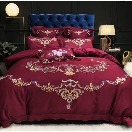 Luxury Red 80S Egyptian cotton Embroidered Bedding sets Queen King Wedding Duvet cover Bed sheet set Pillowcases 4/6pcs blue