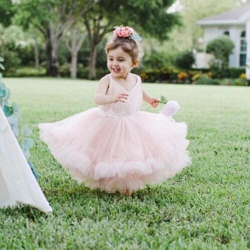 Flush Pink Flower Girls Dresses Lovely Jewel Neck Tulle with Lace Custom Made Girls Pageant Gowns Kids Birthday Wear