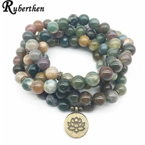 Ruberthen Indian Stone Bronze Lotus Bracelet New Design Women`s Wrap Bracelet 108 Mala Fancy Bead Bracelet Free Shipping