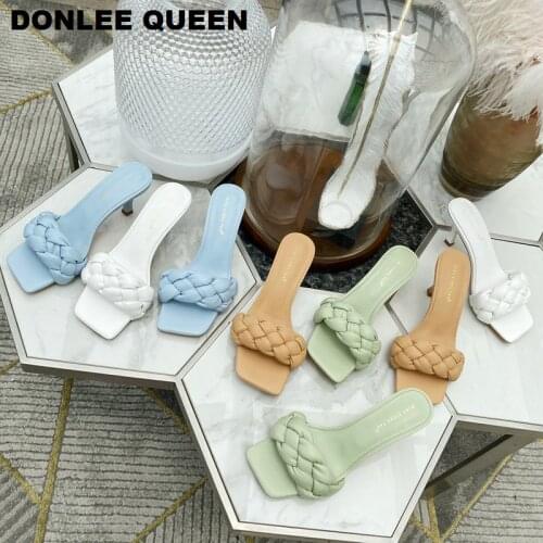 2020 Fashion Brand Weave Slippers Women Thin High Heels Sandals Open Toe Slip On Summer Shoes Women Slipper Outdoor Slides Mujer