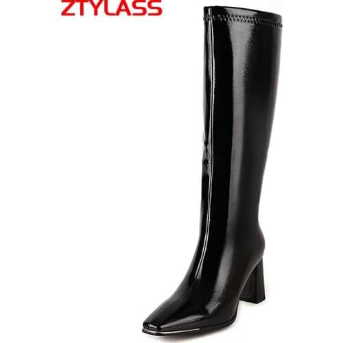 2021 Fashion Square Toe Knee High Boots Pu Leather Women Boots High Heel Long Boots Autumn Winter Zipper Shoes Big Size 34-45