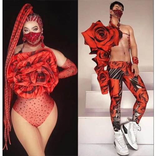 Rave Party GOGO Dance Costume Women Birthday Outfits Rose Printing Men DJ Clothes Singer Performance Elastic Bodysuit db2288