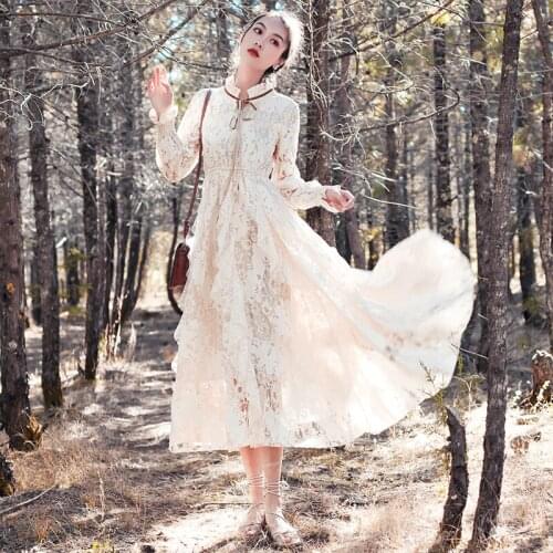 High Quality Ladies Lace Dress Spring Womens Sexy Hollow Out Crochet Long Dress Vestidos Lace-up Long Sleeve Elegant Party Dress