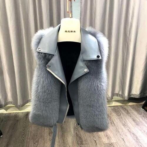Rf20209 2020 New Arrival Motorcycle Vest Real Fox Fur Womens Natural Fur Waistcoat Zipper Sleeveless Genuine Leather Gilet