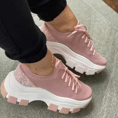 2021 Women Platform Sneakers Bling Vulcanized Womens Wedges Female Summer Lace-up Sport Shoes Ladies Casual Footwear Plus Size