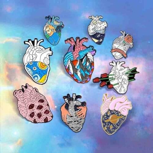 23 Style Heart Brooches Medical Anatomy Organ Rose Universe Star Eye Iceberg Peak Heart Brooch Enamel Pin Badge Lapel Wholesale