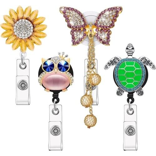 4 Pcs Rhinestone Retractable Badge Reel ID Badge Reel Clip for Nurse Teacher (Butterfly Sunflower Turtle Owl)