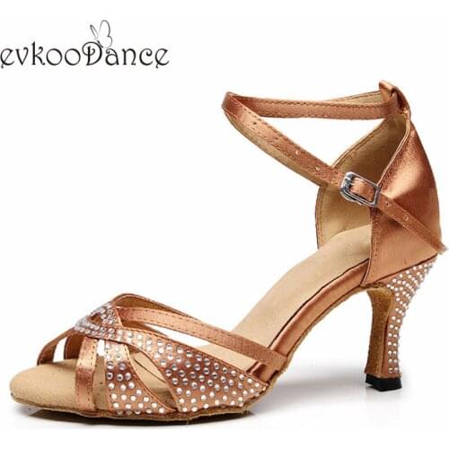 Evkoodance Size US 4-12 Brown/ Black With Rhinostone Salsa Satin Dance Shoes 7cm Heel Height Professional For Women Evkoo-513