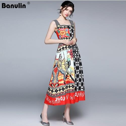 Banulin 2021 Designer Runway Beach Boho Flower Printed Long Dresses For Women Spaghetti Strap Elegant Party Dress Femme Vestido