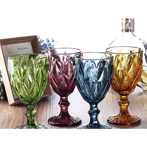 4 pcs set 330ml Multicolour relief red wine glass cup Engraved Prism assorted color footed goblets Cocktail Glass Whiskey Cups