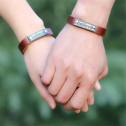 Eif Dock Couples Bracelets Best Friend Women Men Bracelet "Believe "PU Leather Fashion Punk Leather Mens Cuff Bracelet Jewelry