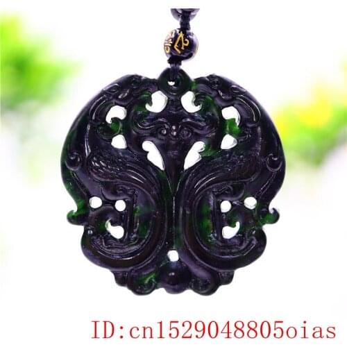 Black Green Jade Phoenix Pendant Necklace Chinese Fashion Natural Gifts Amulet Charm Double-sided Carved Jewellery