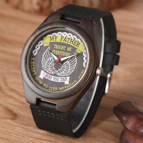 Wood Mens Watch Quartz Movement My Father Theme Cool Black Wooden Watches Genuine Leather Watchband Top Gifts Item Fathers Day