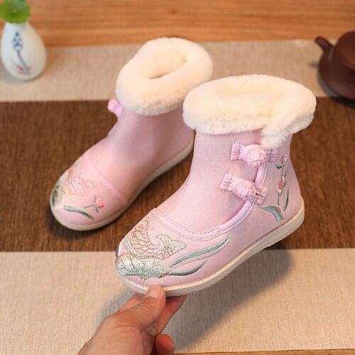 Children Girls Snow Boots Autum/winter Kids Canvas Cloth Shoes Girls Embroidered Short Boots Plush Warm Chinese Style Shoes