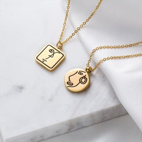 Designer Simple Stroke Original Pattern Signet Face Pendant Necklace For Women Gold Plated Stainless Steel Neckalces