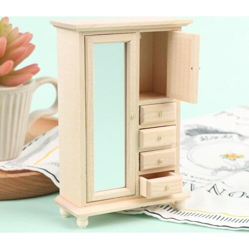 Hot sale 1:12 Vintage Wooden Wardrobe With Mirror And Drawers Model Dollhouse Decor