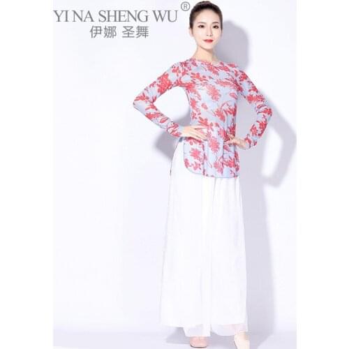 Chinese Classical Dance Shirt Long Sleeve Mesh Set Tops With Thumb Hole Sky Blue Suit Gauze Performance Pant Practice Clothes