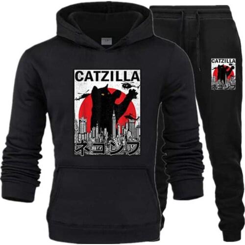 Catzilla Japanese Mens Sets Harajuku Streetwear Pullover tracksuit Casual Sportswear hoodies sets drop shipping cat men clothes