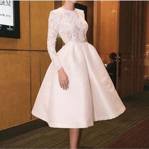 YSF Simple Design O Neck Illusion Lace Bodice Long Sleeve Pleated Knee Length Prom Dresses 2020