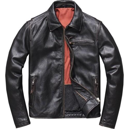 Genuine Leather Jacket Mens First Layer Pure Cowhide Motorcycle Jacket Frayed BrownCowhide Coat for Male