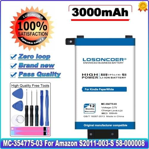 LOSONCOER 3000mAh MC-354775-03 For Amazon Kindle PaperWhite S2011-003-S 58-000008 DP75SD1 EY21 1st KPW1 Tablet Battery