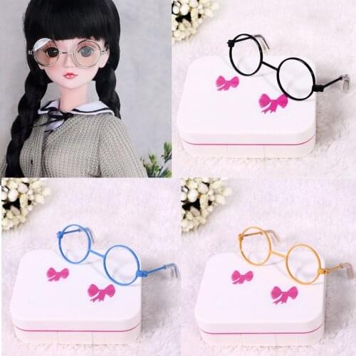 Small Round Metal Frame Glasses Eyewear & Storage Case for 1/3 BJD Dolls