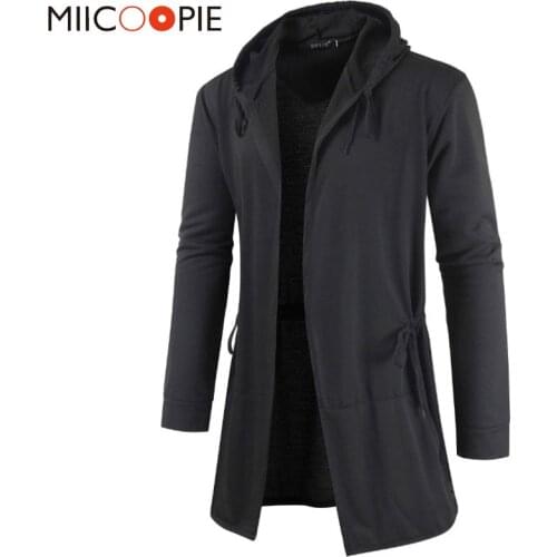 Mens Hooded Long Trench Coats Casual Waist Drawstring Design Solid Color Cardigan Sweatshirt Jacket Overcoat Jaqueta Masculina