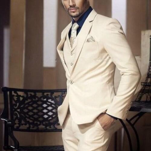 Slim Fit Mens Business Wedding Suits Tailored Made High Quality Mens Tuxedo Beige Suit 3 Pieces Set Suits (Jacket+Vest+ Pant)